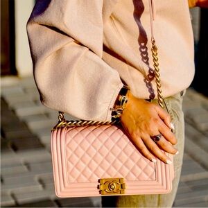 Pink Quilted Caviar Medium CC Boy Bag with Antique Brushed Gold Hardware